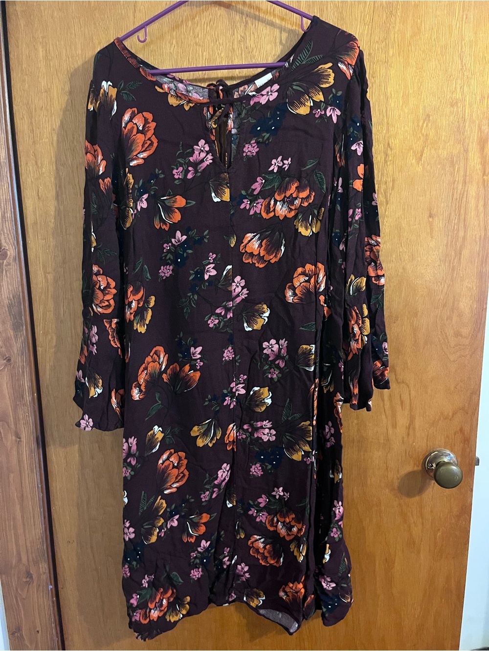 Terra & Sky Burgundy Floral Tie-Neck Long Sleeve Dress